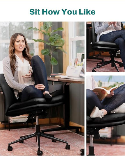 Criss Cross Chair with Wheels - Cross Legged Office Chair, Wide Armless Desk Chair Comfy Swivel Vanity Chair for Home Office, PU Leather - Black - LeafyLoom