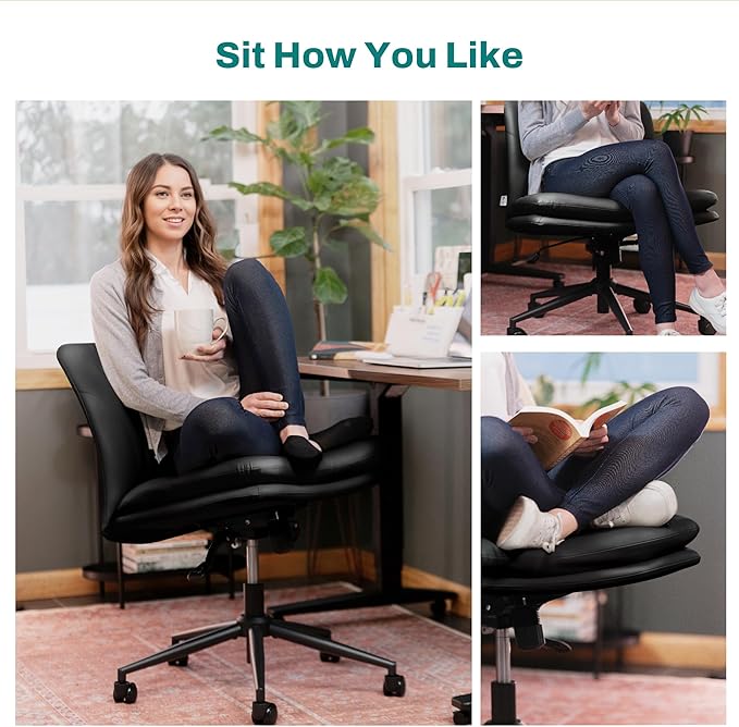 Criss Cross Chair with Wheels - Cross Legged Office Chair, Wide Armless Desk Chair Comfy Swivel Vanity Chair for Home Office, PU Leather - Black - LeafyLoom