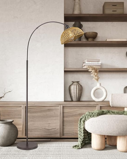 Rattan Floor Lamp, Retro Boho Arc Standing Lamp with Remote Control and LED BuLB Farmhouse Bamboo Lamp Shade Floor Light Industrial Tall Lamp (Oil Rubbed Bronze) - LeafyLoom
