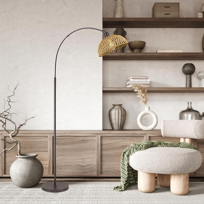 Rattan Floor Lamp, Retro Boho Arc Standing Lamp with Remote Control and LED BuLB Farmhouse Bamboo Lamp Shade Floor Light Industrial Tall Lamp (Oil Rubbed Bronze) - LeafyLoom