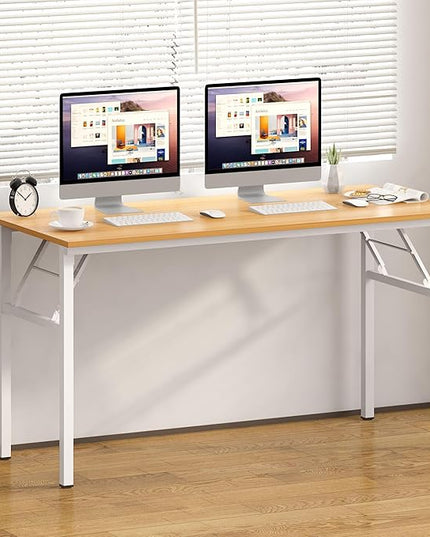 Need Home Office Desk Large Computer Desk 60 inch Sturdy Table Foldable Desk Gaming Computer Table No Assembly Required, Teak&White Frame AC5BW(152.4 * 60) - LeafyLoom