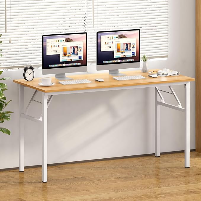 Need Home Office Desk Large Computer Desk 60 inch Sturdy Table Foldable Desk Gaming Computer Table No Assembly Required, Teak&White Frame AC5BW(152.4 * 60) - LeafyLoom
