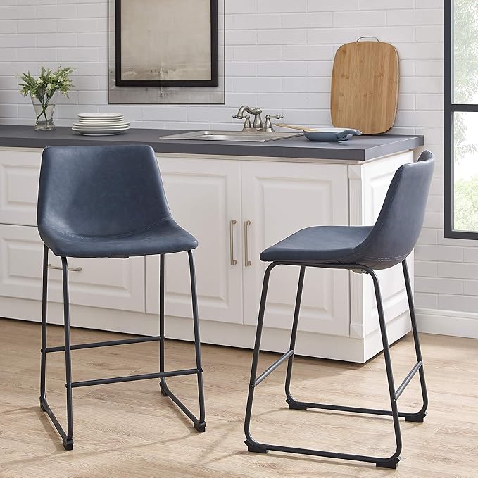 Walker Edison Douglas Urban Industrial Faux Leather Armless Dining Chairs Set of 2 and Counter Chairs Set of 2, Navy Blue - LeafyLoom