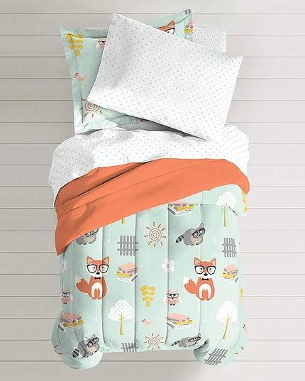 dream FACTORY Kids 5-Piece Complete Set Easy-Wash Super Soft Microfiber Comforter Bedding, Twin, Green Woodland Friends - LeafyLoom