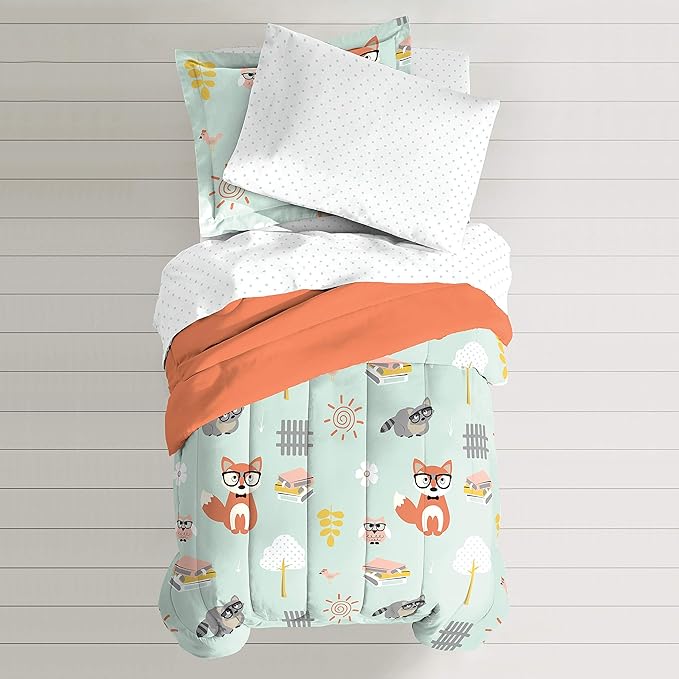 dream FACTORY Kids 5-Piece Complete Set Easy-Wash Super Soft Microfiber Comforter Bedding, Twin, Green Woodland Friends - LeafyLoom