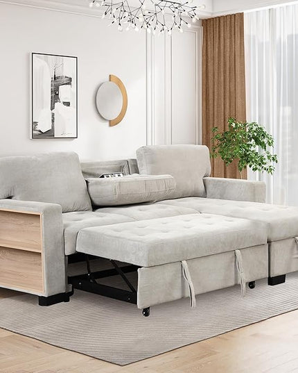 Convertible Sleeper Sectional Sofa Pull Out Bed with Right Hand Chaise Lounge, L-Shaped Velvet Upholstered Corner Couches, Pullout Sofabed with Storage and Drop Down Table & USB Charger - LeafyLoom