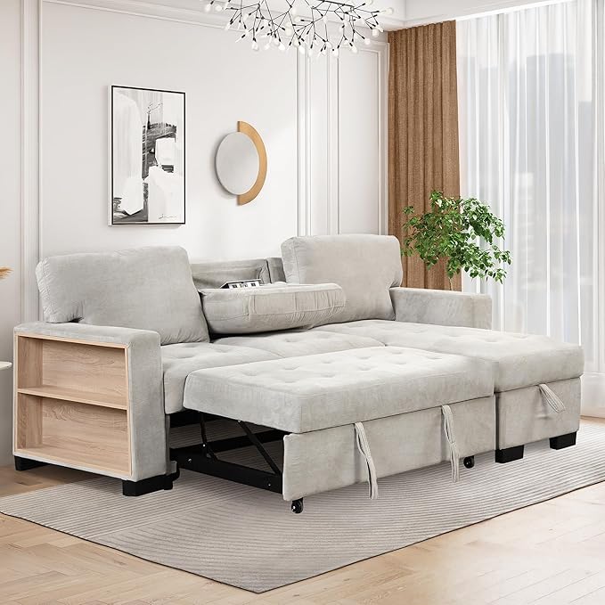Convertible Sleeper Sectional Sofa Pull Out Bed with Right Hand Chaise Lounge, L-Shaped Velvet Upholstered Corner Couches, Pullout Sofabed with Storage and Drop Down Table & USB Charger - LeafyLoom