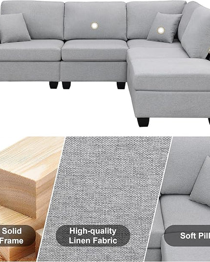 89.8" Modern Sectional Sofa with Convertible Ottoman and 2 Pillows,L-Shape Linen Fabric Corner Couch 5 Set W/Back & Cushion,can Hold up to 330 Lbs,for Apartment,Living Room,Light Grey - LeafyLoom