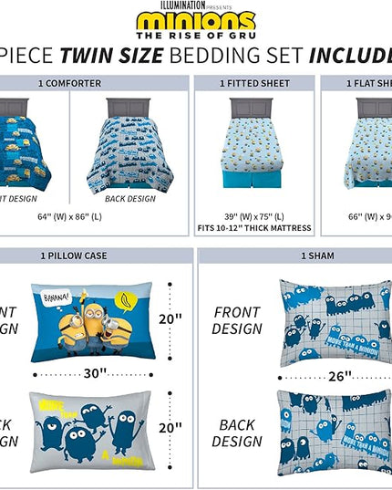 Franco Kids Bedding Super Soft Comforter and Sheet Set with Sham, 5 Piece Twin Size, Minions The Rise Of Gru - LeafyLoom