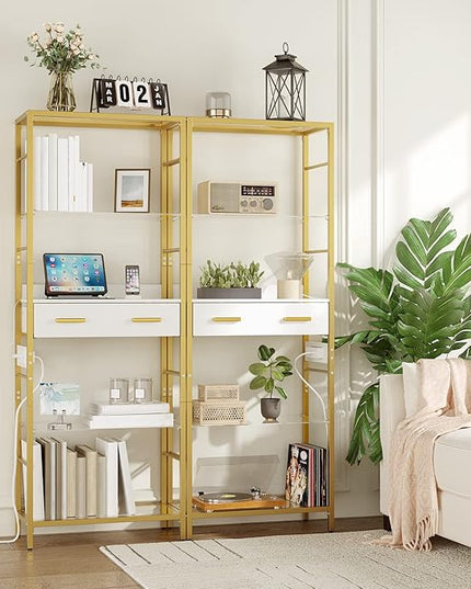 HOOBRO 5 Tier Bookcase, White and Gold Bookshelf with Drawer, Storage Shelves with Charging Station, Tempered Glass Bookshelf with Metal Frame, Open Display Shelves for Living Room, Gold DW65USJ01 - LeafyLoom