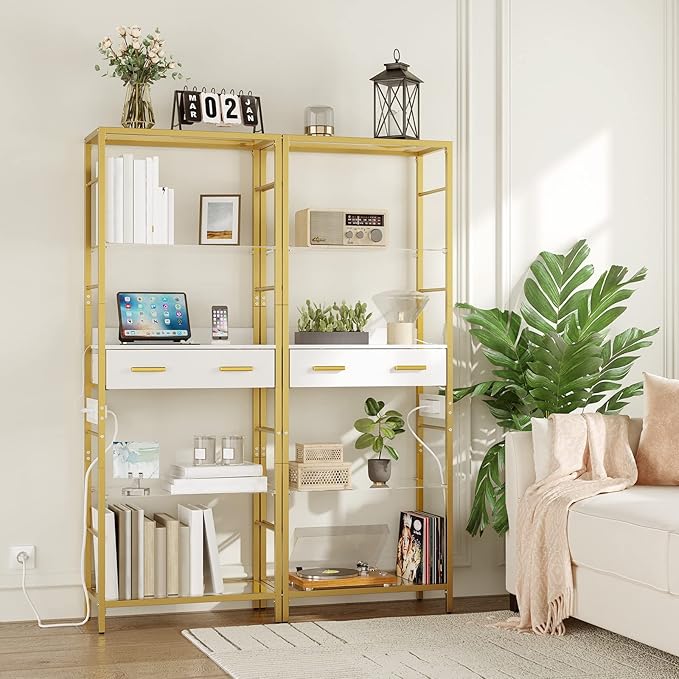 HOOBRO 5 Tier Bookcase, White and Gold Bookshelf with Drawer, Storage Shelves with Charging Station, Tempered Glass Bookshelf with Metal Frame, Open Display Shelves for Living Room, Gold DW65USJ01 - LeafyLoom