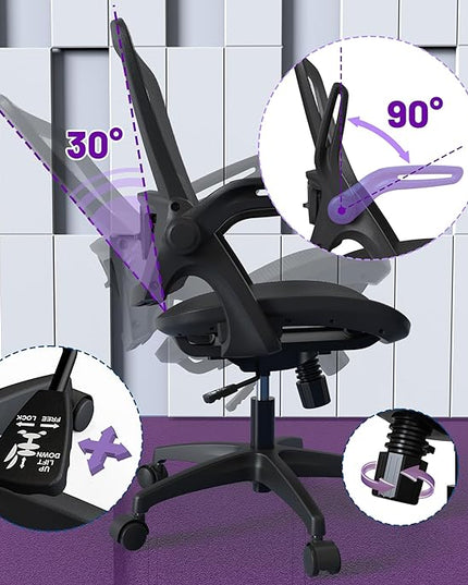 Ergonomic Mesh Seat Home Office Computer Desk Chair Height Adjustable Lumbar Support with Flip Up Arms Swivel Wheels for Adult, black - LeafyLoom