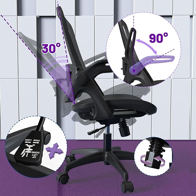 Ergonomic Mesh Seat Home Office Computer Desk Chair Height Adjustable Lumbar Support with Flip Up Arms Swivel Wheels for Adult, black - LeafyLoom