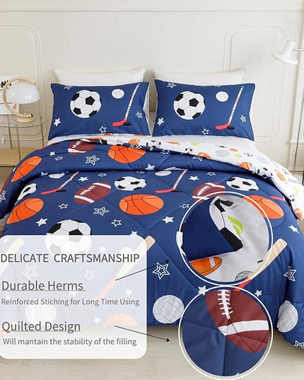 RYNGHIPY Kids Sports Theme Bedding Set, Basketball Football Baseball Tennis Print Comforter Set for Teens Boys Girls, Super Soft Lightweight (Balls,Queen) - LeafyLoom