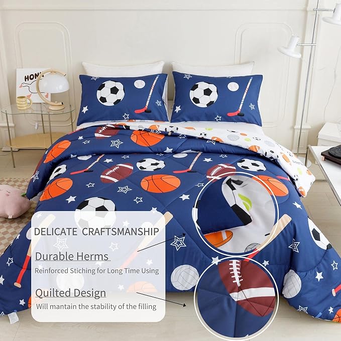 RYNGHIPY Kids Sports Theme Bedding Set, Basketball Football Baseball Tennis Print Comforter Set for Teens Boys Girls, Super Soft Lightweight (Balls,Twin) - LeafyLoom