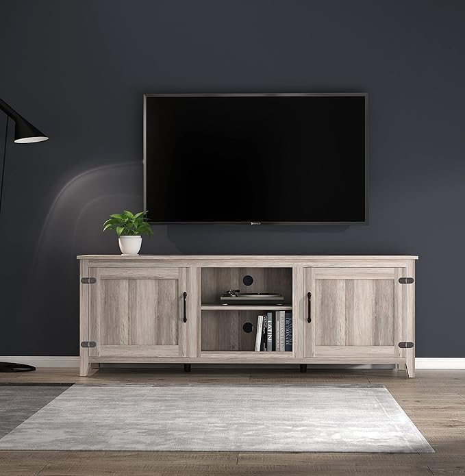 Entertainment Stand with 4 Storage Compartments, Media Center Console Table 60", Flat Screen TV Cabinet w/2 Doors for Living Room, 70 inch, Gray - LeafyLoom