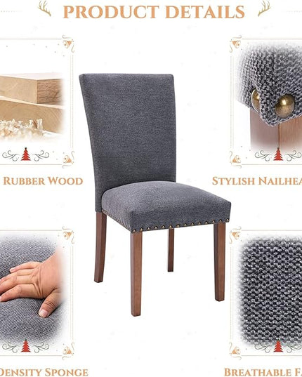 Parsons Dining Chairs Set of 4, Upholstered Nailhead Dining Room Kitchen Side Chair with Thick Cushions and Wood Legs, Dark Grey - LeafyLoom