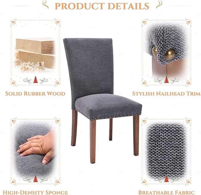 Parsons Dining Chairs Set of 4, Upholstered Nailhead Dining Room Kitchen Side Chair with Thick Cushions and Wood Legs, Dark Grey - LeafyLoom