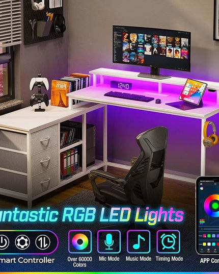 Seventable L Shaped Computer Desk with Drawers, Reversible Gaming Desk with LED Lights & Charging Port, Corner Desk with Storage Shelves & Monitor Stand for Home Office White - LeafyLoom