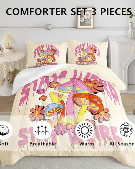 Axolotl Cartoon Mushroom Comforter Set Queen,Colorful Mushrooms Bedding Girls Bedding Set,Floral Comforter Set Red Pink Flower,Cute Mushroom Bedding Set For Kids Boys Girls Teens,1 Quilt 2 Pillowcases - LeafyLoom