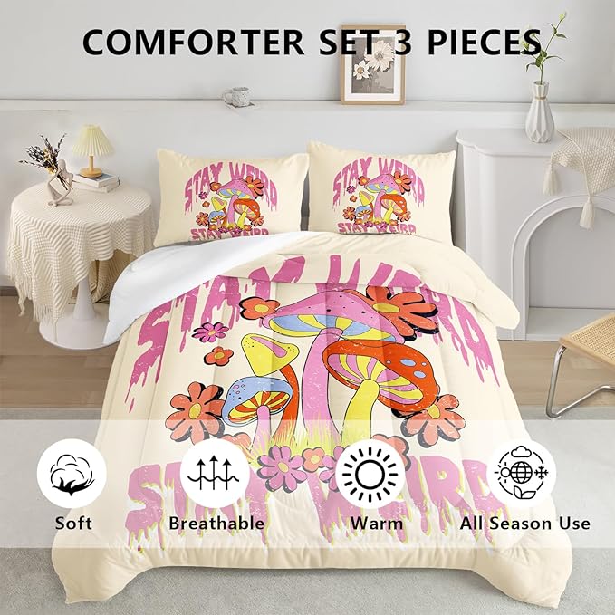 Axolotl Cartoon Mushroom Comforter Set Queen,Colorful Mushrooms Bedding Girls Bedding Set,Floral Comforter Set Red Pink Flower,Cute Mushroom Bedding Set For Kids Boys Girls Teens,1 Quilt 2 Pillowcases - LeafyLoom