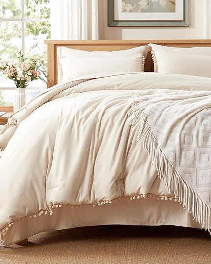 Anluoer Queen Comforter Set 7 Piece, Beige Bed in a Bag with Sheets, Pom Pom Boho Bedding Comforter Sets with 1 Comforter, 2 Pillow Shams, 2 Pillowcases, 1 Flat Sheet, 1 Fitted Sheet - LeafyLoom