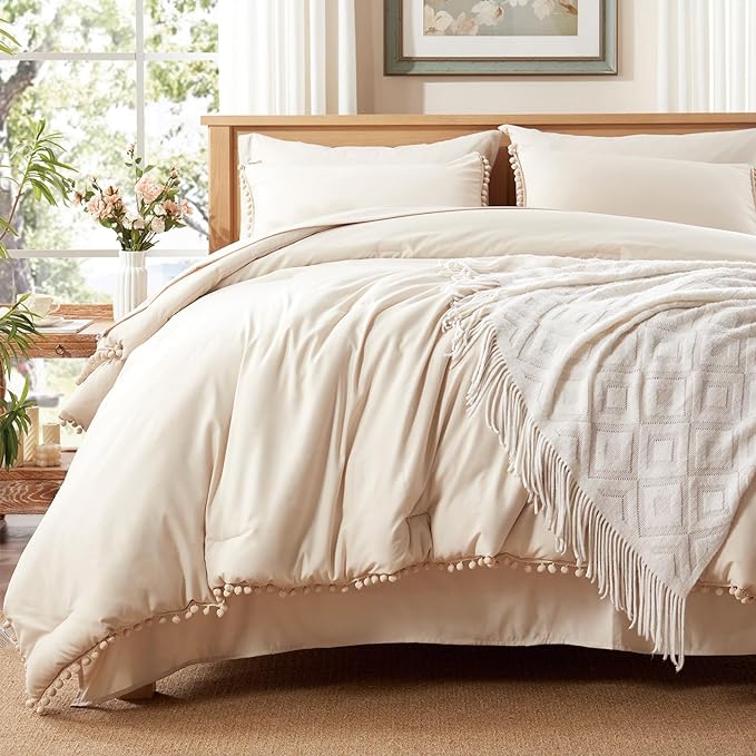 Anluoer Queen Comforter Set 7 Piece, Beige Bed in a Bag with Sheets, Pom Pom Boho Bedding Comforter Sets with 1 Comforter, 2 Pillow Shams, 2 Pillowcases, 1 Flat Sheet, 1 Fitted Sheet - LeafyLoom