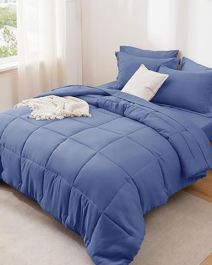 Bedsure Infinity Blue Full Size Comforter Set - 7 Pieces Solid Full Bed in a Bag, Full Bed Set Infinity Blue with Comforters, Sheets, Pillowcases & Shams - LeafyLoom