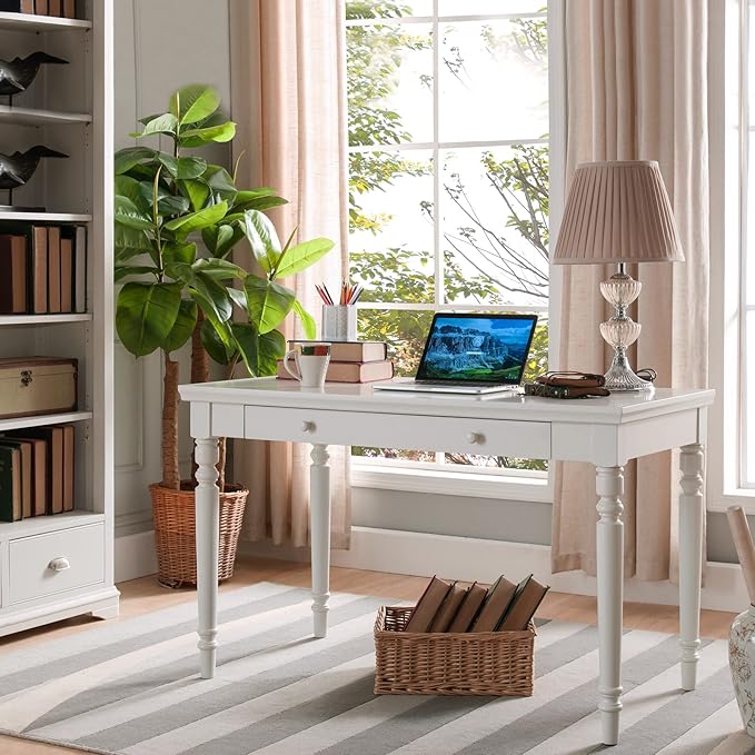 Leick Home Cottage White Turned leg Laptop Desk with Center Drawer, White - LeafyLoom