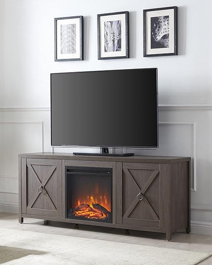 Henn&Hart Rectangular TV Stand with Log Fireplace for TV's up to 65" in Alder Brown, Electric Fireplace TV Stands for the Living Room - LeafyLoom