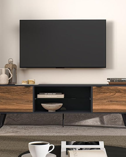 Atelier Mobili Mid Century Modern TV Stand | Farmhouse Entertainment Center for Living Room | TV Stand for 75 Inch TV | Gray TV Stand | Walnut TV Stand for Living Room 75 inch TV | Adjustable Shelf - LeafyLoom