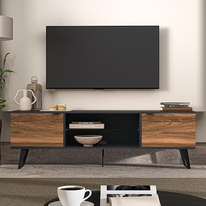 Atelier Mobili Mid Century Modern TV Stand | Farmhouse Entertainment Center for Living Room | TV Stand for 75 Inch TV | Gray TV Stand | Walnut TV Stand for Living Room 75 inch TV | Adjustable Shelf - LeafyLoom
