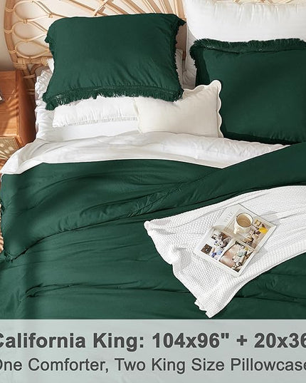 Litanika California King Comforter Set Emerald Green, 3 Pieces Cal King Forest Green Boho Tassel Bed Comforter, All Season Oversized Bedding Comforter Sets (1 Comforter 104x96 inch, 2 Pillowcases) - LeafyLoom