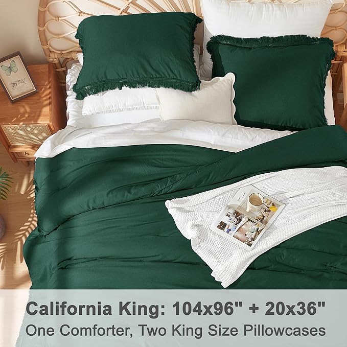 Litanika California King Comforter Set Emerald Green, 3 Pieces Cal King Forest Green Boho Tassel Bed Comforter, All Season Oversized Bedding Comforter Sets (1 Comforter 104x96 inch, 2 Pillowcases) - LeafyLoom