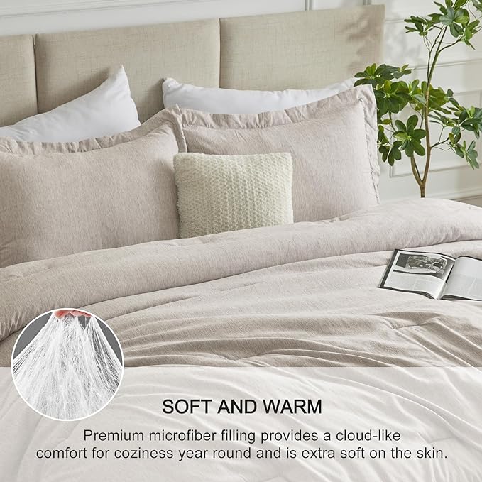 CozyLux Full Size Comforter Set - 3 Pieces Beige Soft Luxury Cationic Dyeing Bedding Comforter for All Season, Breathable Lightweight Fluffy Boho Bed Sets with 1 Comforter and 2 Pillow Shams - LeafyLoom