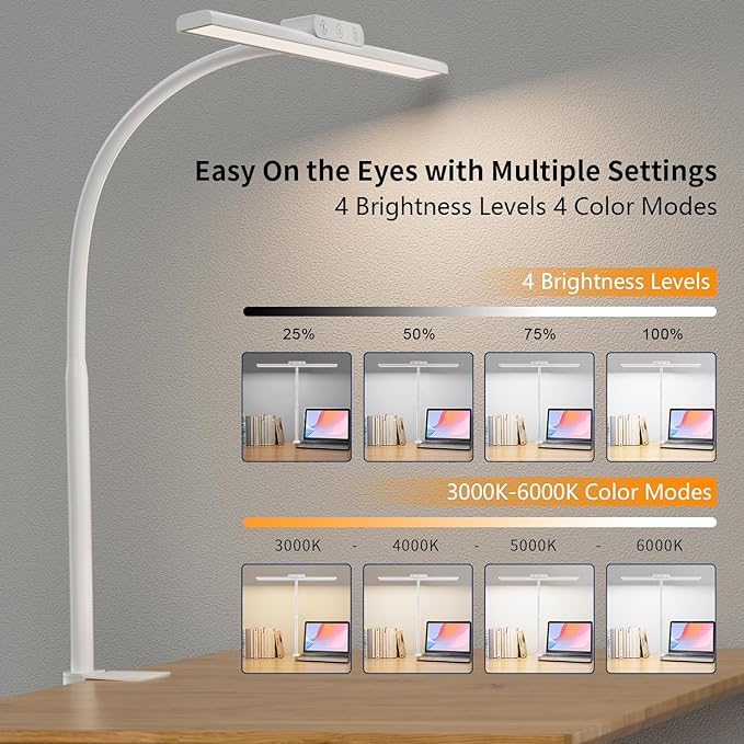 KableRika Desk Lamp,Led Desk Lamps with Clamp,Architect Desk Lights for Home Office Desktop Office Lamp 4-Brightness 4-Color Eye Care Overhead Table Lamp for Computer Monitor Study Reading White - LeafyLoom