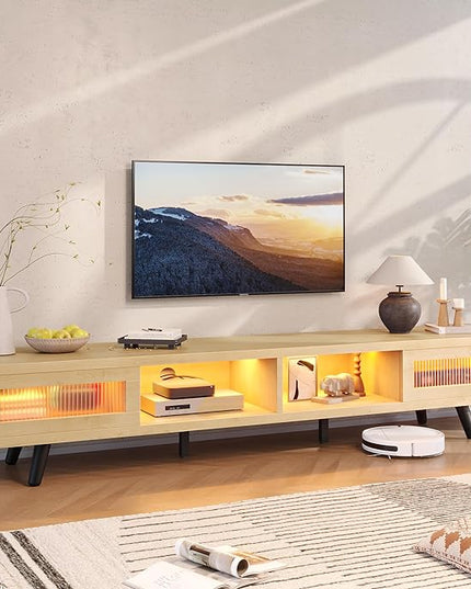 Bestier Mid Century Modern TV Stand for 75 inch TV, LED Entertainment Center with Storage and Sliding Doors, Low Profile TV Consoles for Living Room, White Maple - LeafyLoom