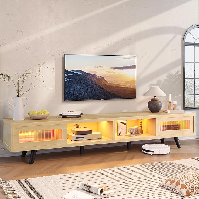 Bestier Mid Century Modern TV Stand for 75 inch TV, LED Entertainment Center with Storage and Sliding Doors, Low Profile TV Consoles for Living Room, White Maple - LeafyLoom