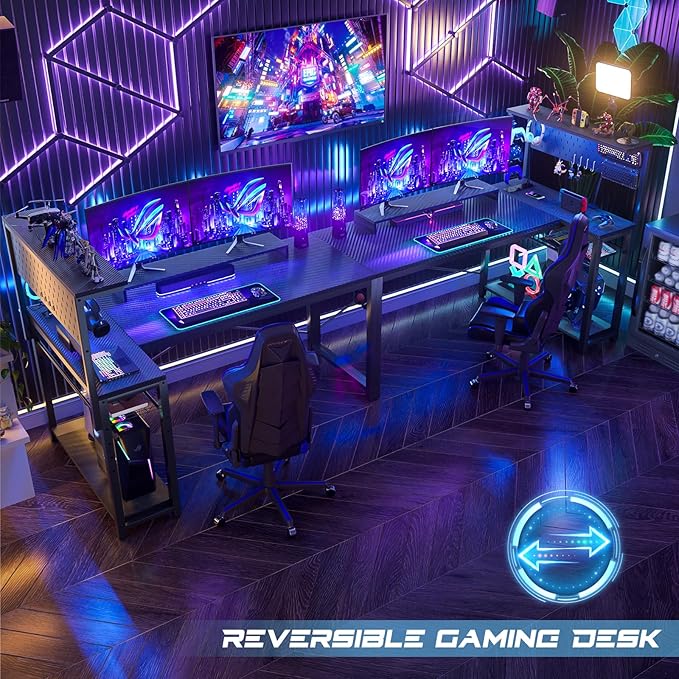 Homieasy Small Gaming Desk with Power Outlets Pegboard LED Light, 51 Inch L Shaped Computer Desk with Monitor Stand Storage Shelves, Reversible Corner Desk with Headset Hooks, Carbon Fiber Black - LeafyLoom
