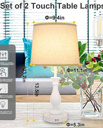Farmhouse Table Lamp Touch Control 3-Way Dimmable Table Lamp, Modern Nightstand Lamp with 2 USB Port Bedside Desk Lamp with Fabric Shade for Living Room Bedroom Hotel (Pack-01 White) - LeafyLoom