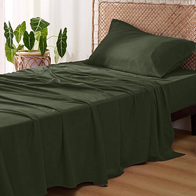 Bedsure Twin Sheets Set, Cooling Sheets Twin Size Bed Set, Rayon Derived from Bamboo, Twin Size Sheets, Breathable & Soft Bed Sheets, Hotel Luxury Silky Bedding Sheets & Pillowcases, Olive green - LeafyLoom