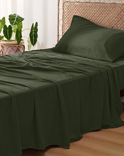 Bedsure Twin XL Sheet Set Dorm Bedding, Cooling Sheets Twin Extra Long Sheets, Rayon Derived from Bamboo, Deep Pocket Up to 16", Hotel Luxury Silky Bedding Sheets & Pillowcases, Olive green - LeafyLoom
