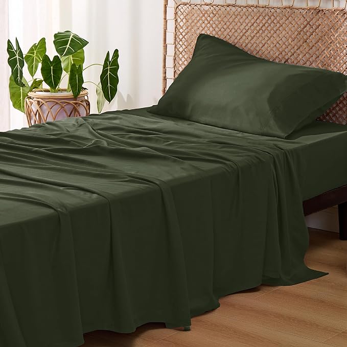 Bedsure Twin XL Sheet Set Dorm Bedding, Cooling Sheets Twin Extra Long Sheets, Rayon Derived from Bamboo, Deep Pocket Up to 16", Hotel Luxury Silky Bedding Sheets & Pillowcases, Olive green - LeafyLoom