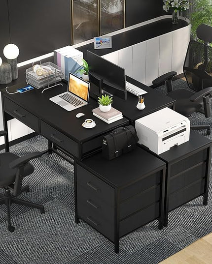 Computer Desk with 5 Drawers, Reversible Office Desk with Power Outlets and USB Charging Ports, Sturdy Writing Table with File Cabinet and Printer Stand, Laptop Desk for Small Spaces, Black - LeafyLoom