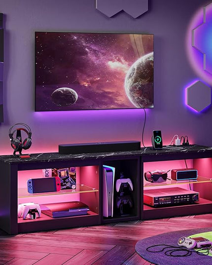 Bestier TV Stand for 70 inch TV with Power Outlets, LED Entertainment Center for PS5, Gaming TV Consoles with Glass Shelves for Living Room, 63'' Inch, Black Marble - LeafyLoom