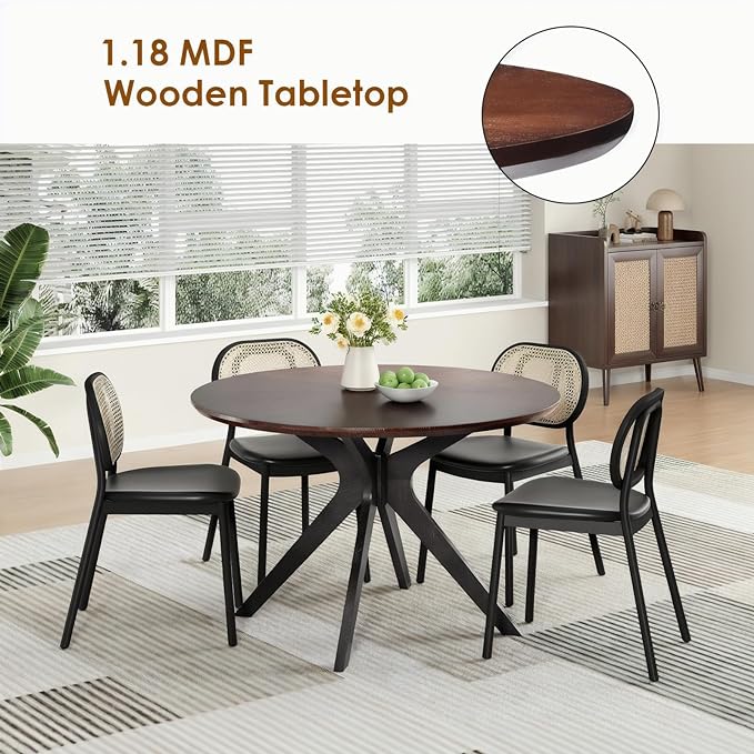 Soohow 47.2'' Round Dining Table Dining Room Table for 4-6 People,Kitchen Table Round Solid Wood Dining Table with Intersecting Pedestal Base,Walnut/Black - LeafyLoom