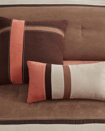 Madison Park Palisades Comforter Set Modern Faux Suede Pieced Stripe Design, All Season Down Alternative Cozy Bedding with Matching Shams, Decorative Pillows, Cal King(104"x92"), Coral 7 Piece - LeafyLoom