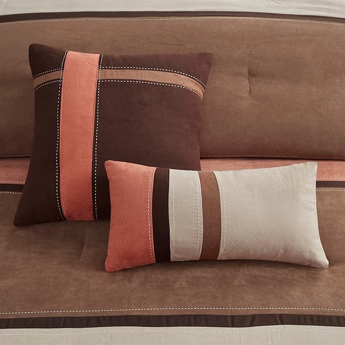 Madison Park Palisades Comforter Set Modern Faux Suede Pieced Stripe Design, All Season Down Alternative Cozy Bedding with Matching Shams, Decorative Pillows, Cal King(104"x92"), Coral 7 Piece - LeafyLoom