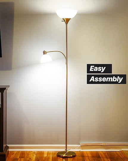 Brightech Sky Dome Plus LED Floor lamp, Torchiere Super Bright Floor Lamp with Reading Lamp for Living Rooms & Offices - Dimmable Tall Standing Lamp for Bedroom Reading - Gold Brass - LeafyLoom
