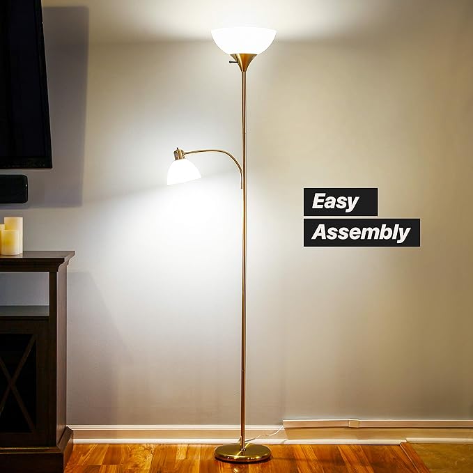 Brightech Sky Dome Plus LED Floor lamp, Torchiere Super Bright Floor Lamp with Reading Lamp for Living Rooms & Offices - Dimmable Tall Standing Lamp for Bedroom Reading - Gold Brass - LeafyLoom